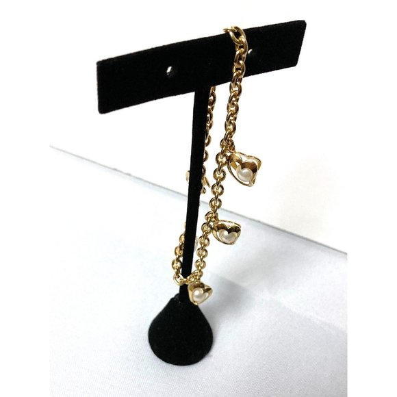 Vtg Faux Pearl Enclosed Hearts Gold Tone Bracelet 8 1/8" Long Spring Ring Clasp - Picture 8 of 9